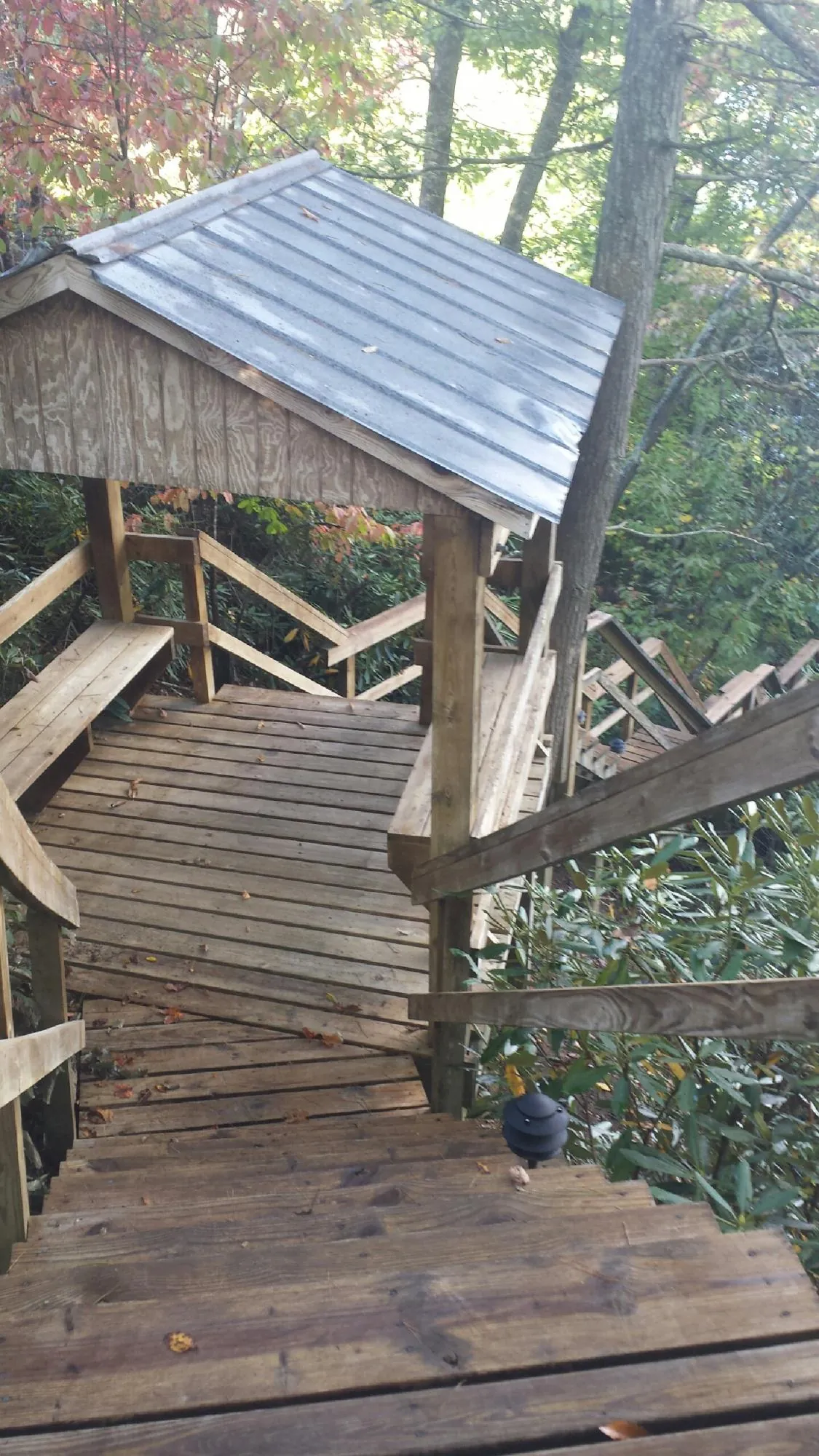 Metal roofed shelter over wooden steps on a wooded walkway — Skylight Repair & Installation work by our crew in Sumner